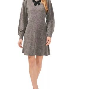 Cece Mick Neck Bow Sweater Dress long sleeve front rhinestone embellished bow.